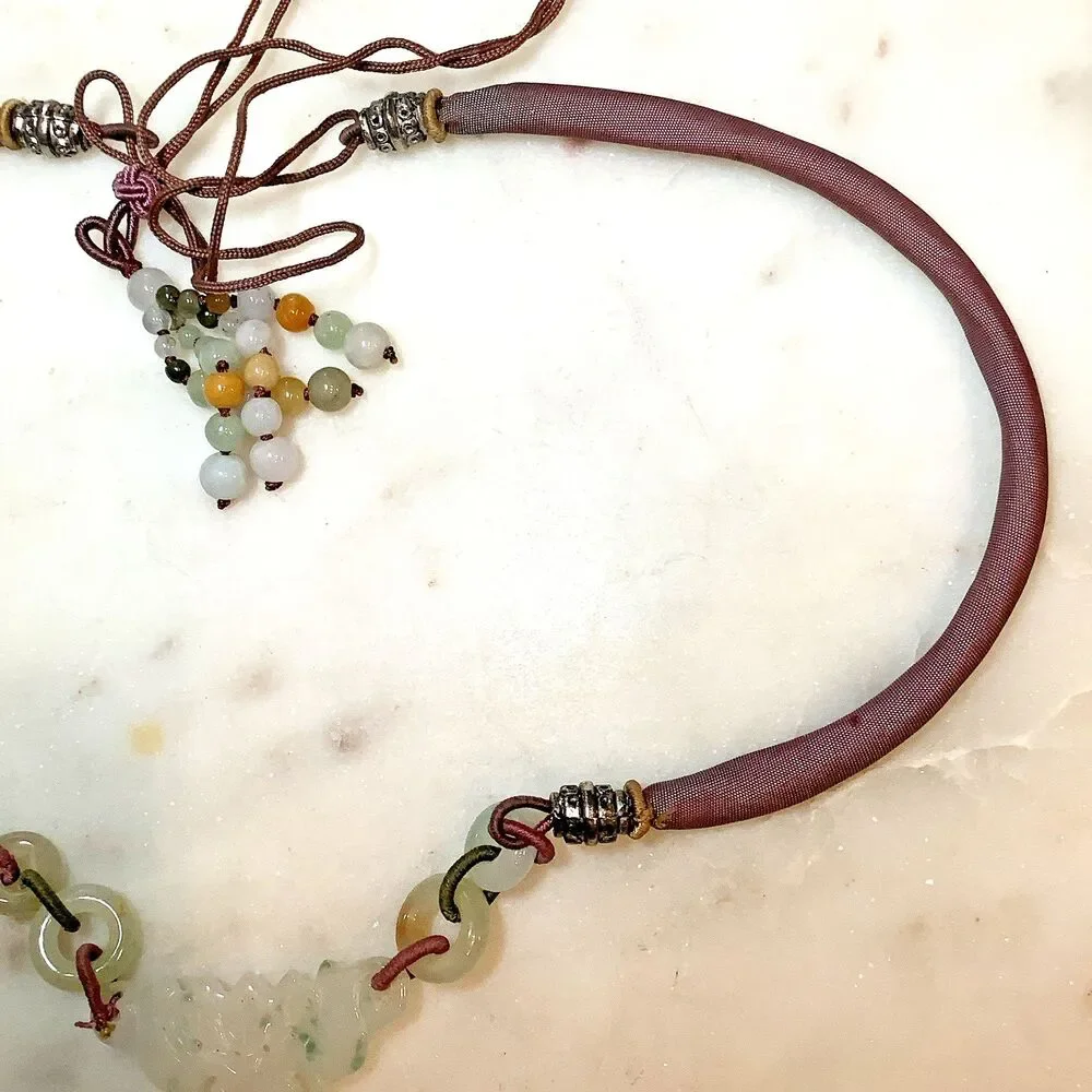 Vintage Jadeite Carved Necklace Y-Drop Pendant Silk Cord Asian Bead Lariat